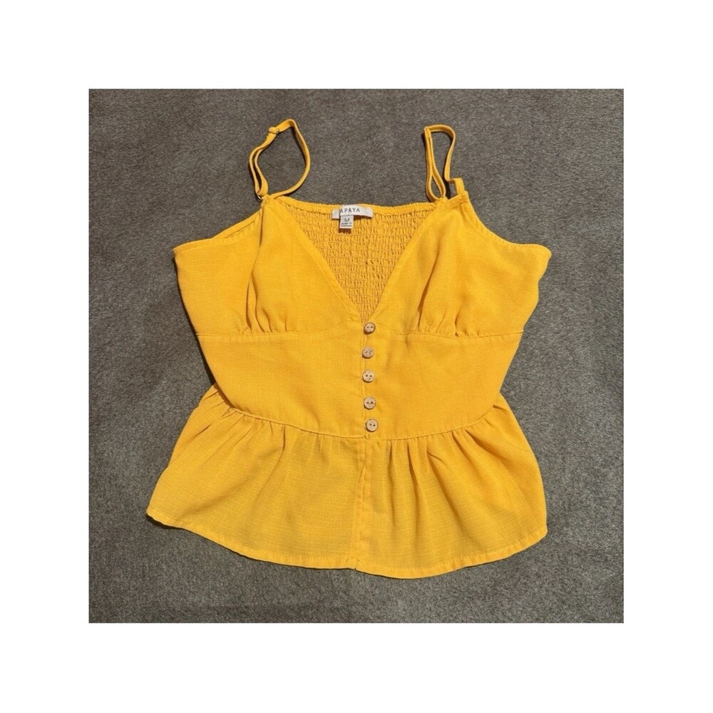 Papaya Mustard Yellow Button-Front Peplum Cami medium M top chiffon soft